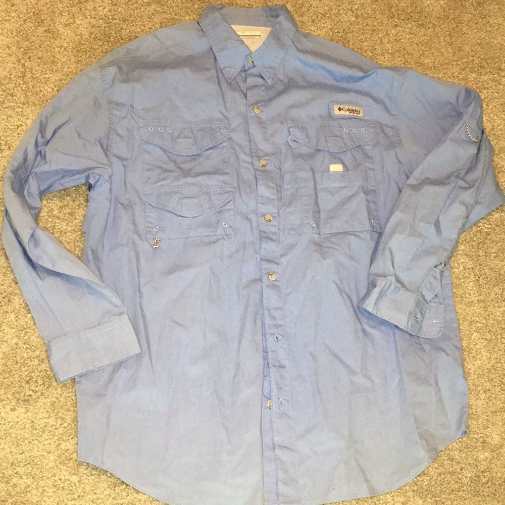 North Carolina blue mens  Columbia Bonehead LS PFG Fishing shirt w/hole sleeve